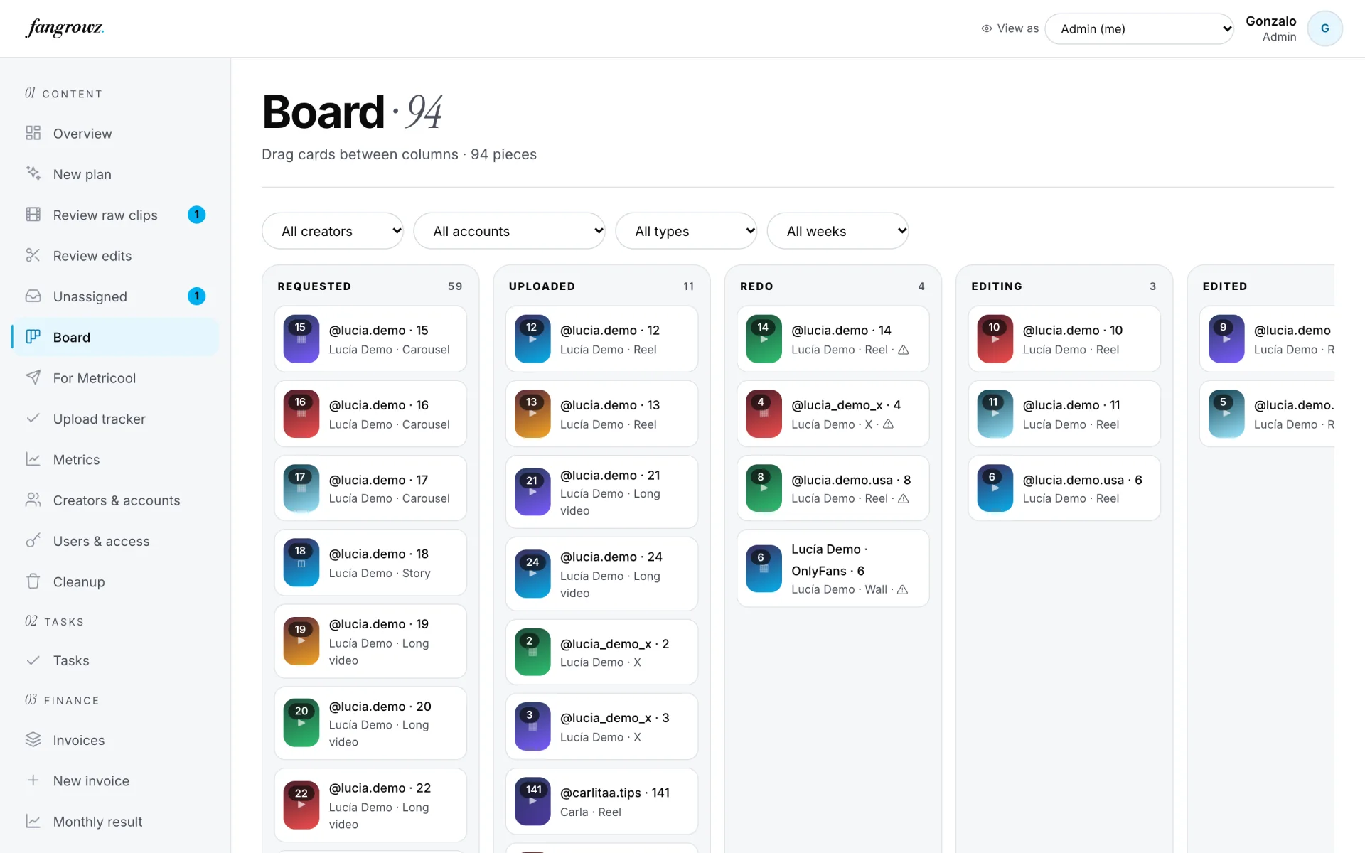 The fangrowz board with every piece of the week by status.