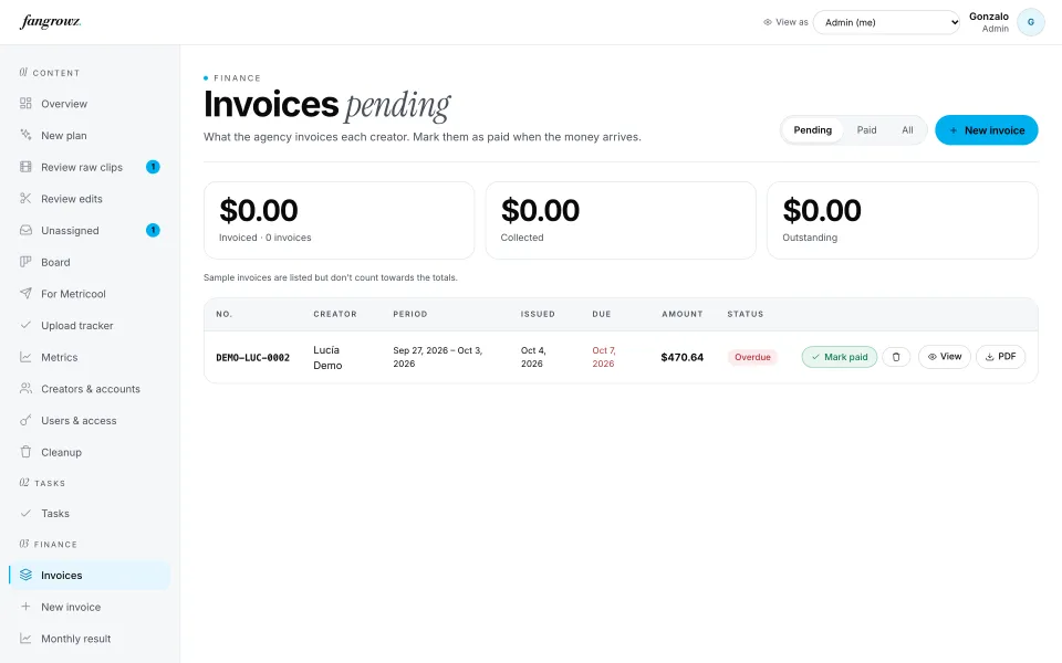 Invoices to creators with their status.