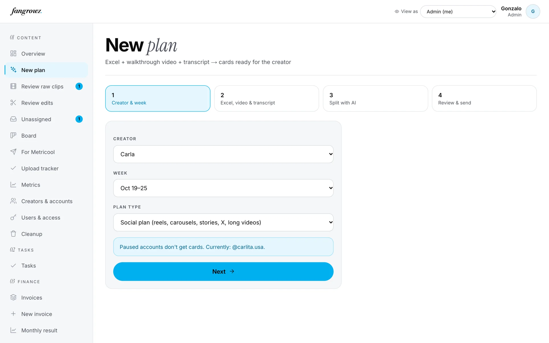 New plan wizard: choose creator, week and plan type, then add the Excel, video and transcript.