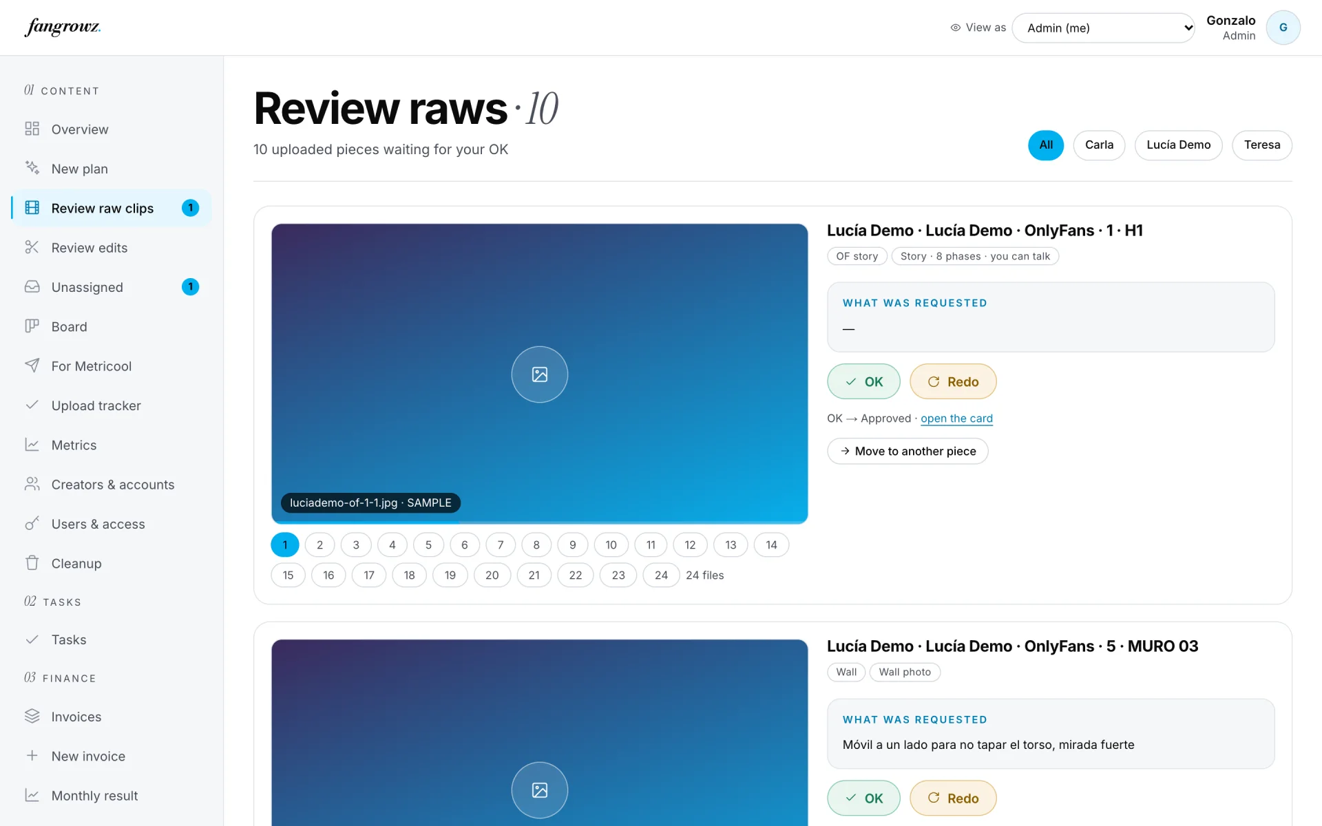 Review raw clips: the clip, what was requested, and the OK and Redo buttons.