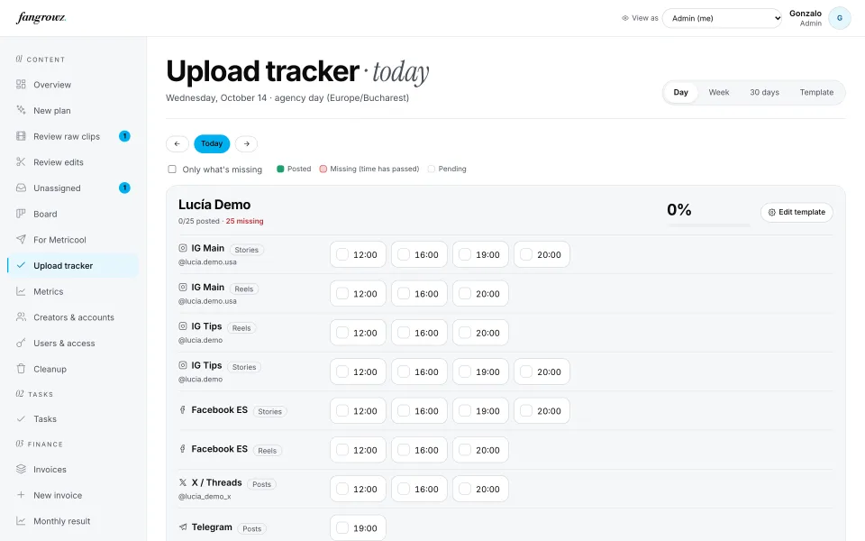 Upload tracker: a daily checklist per creator and time slot.