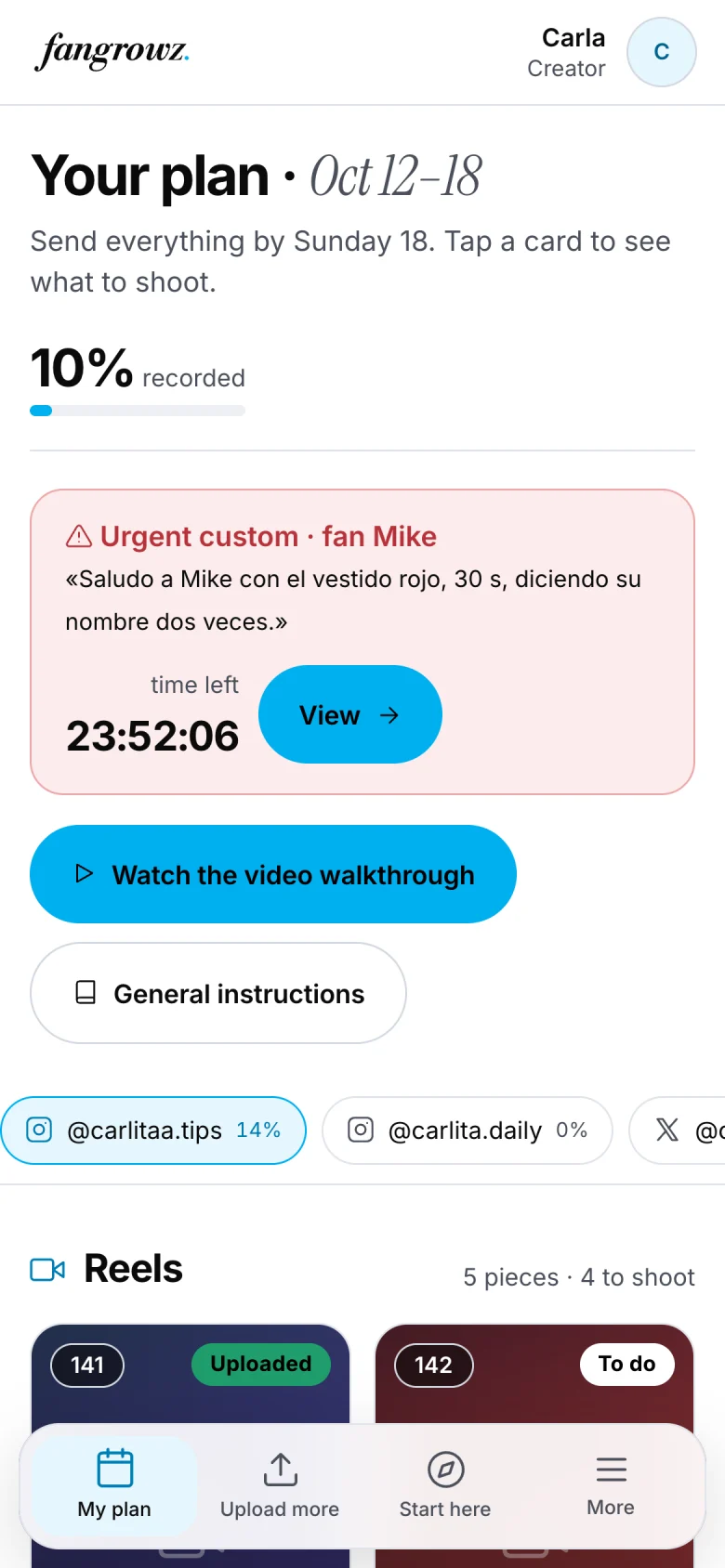 The creator's weekly plan on her phone, with an urgent custom request and a countdown.