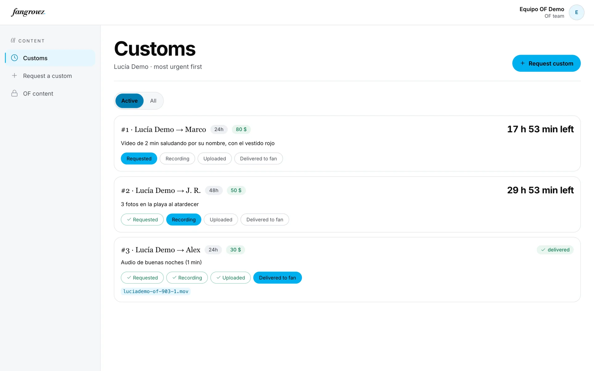 Customs: each fan request with its price, deadline and progress.