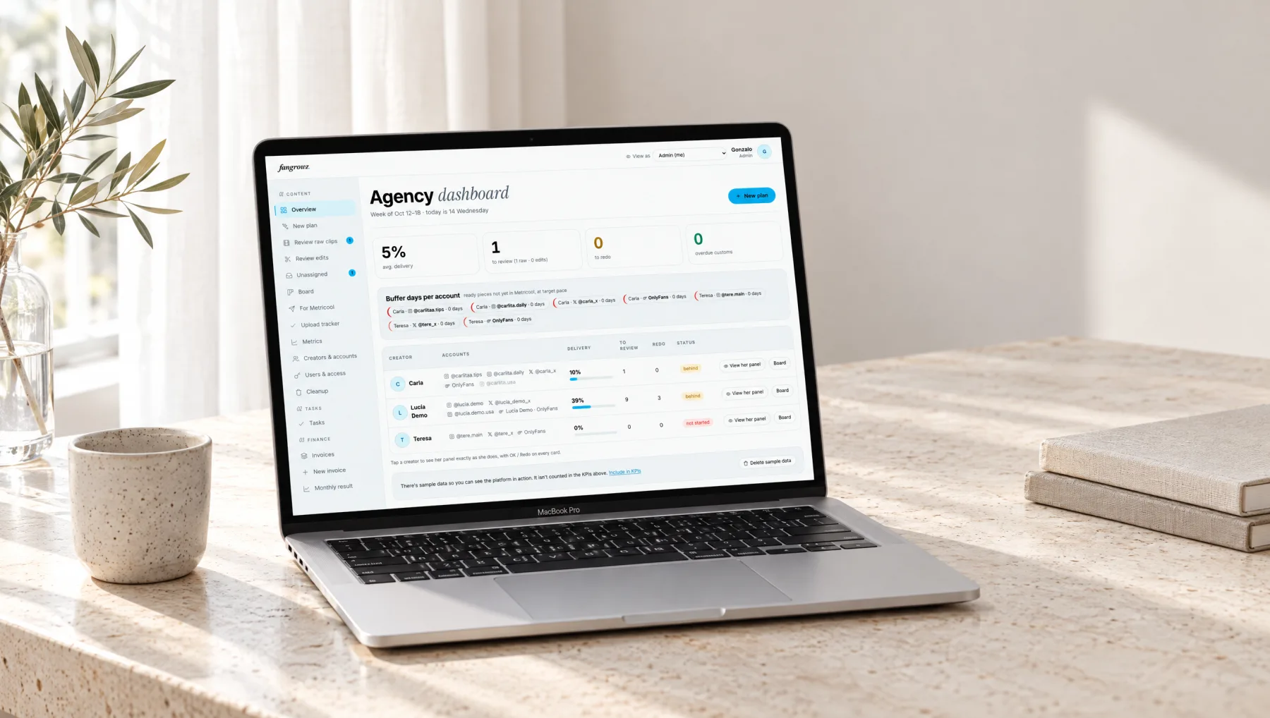 A MacBook on a travertine desk showing the fangrowz agency dashboard.