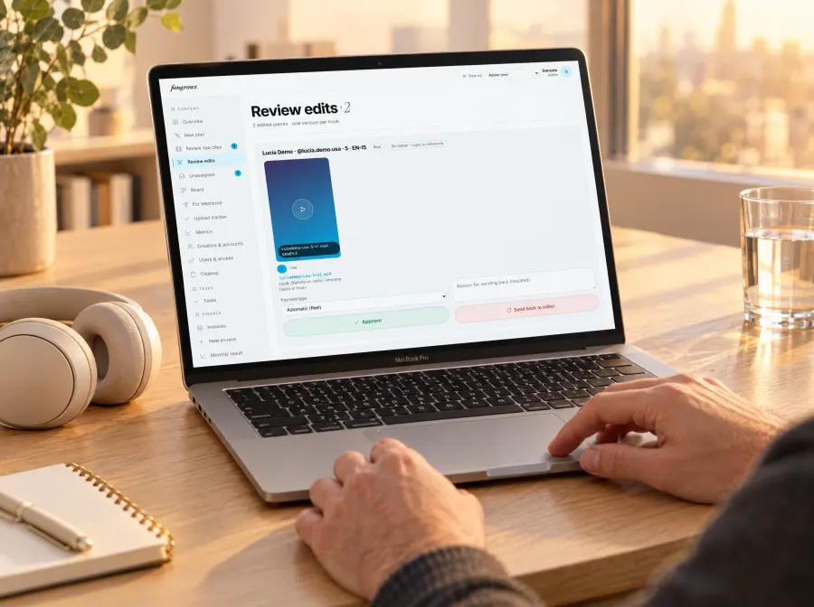 An editor at a MacBook reviewing edited versions in fangrowz.