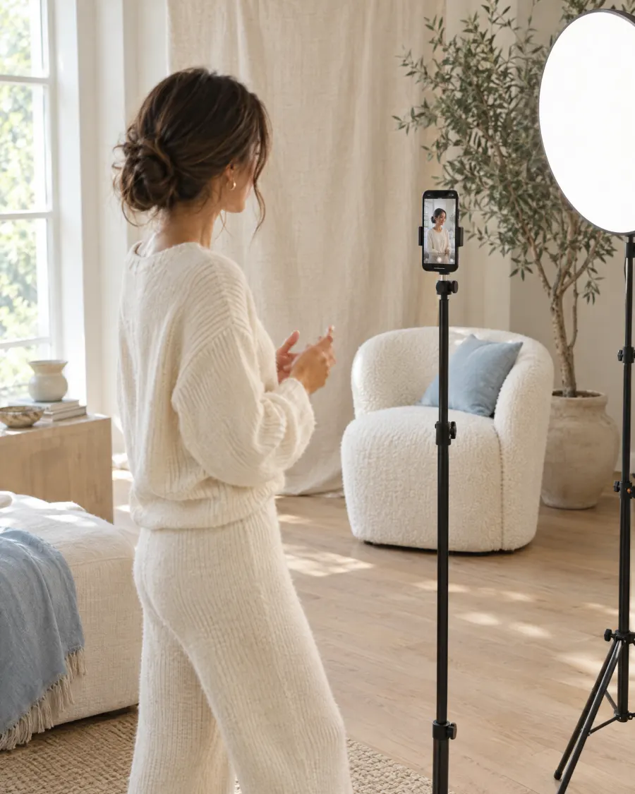 A creator filming a vertical video with her phone on a tripod in a bright studio.